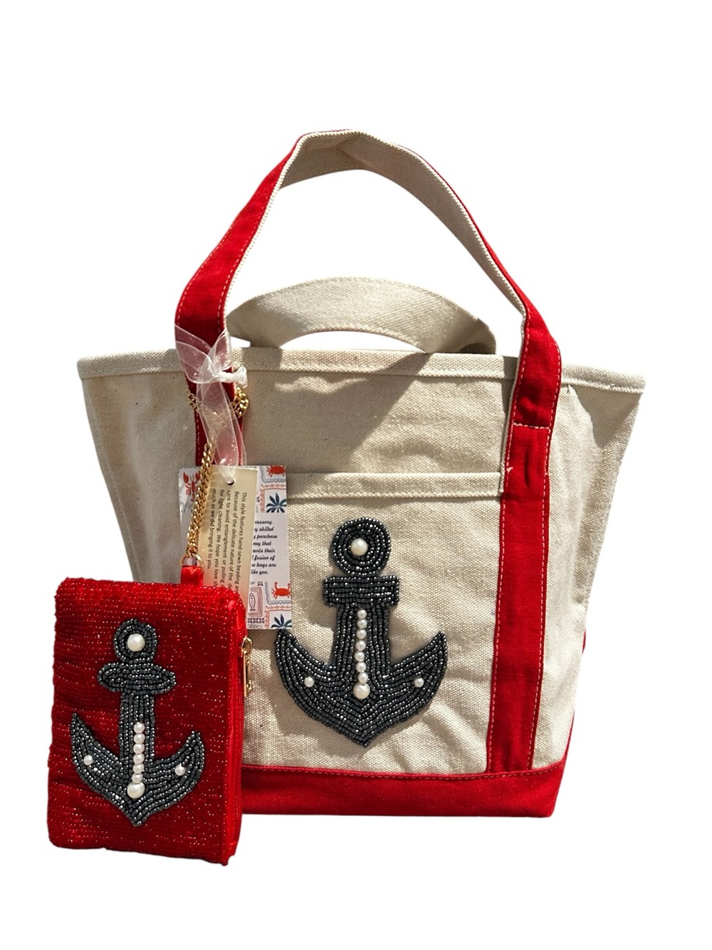 Hand beaded canvas tote w/ red trim handles,  anchor design with matching pouch